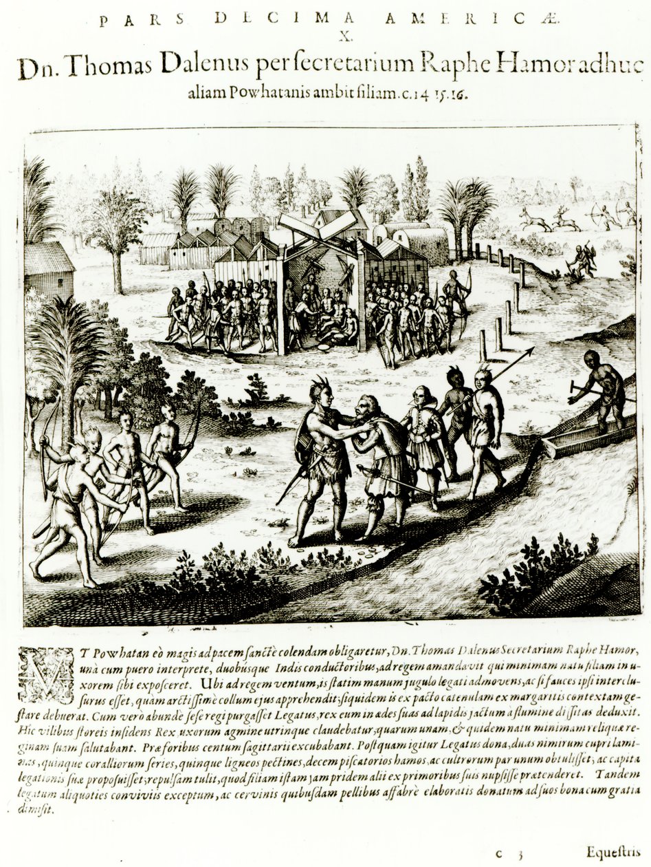 Ralph Hamor besøker Powhatan, 1619 (gravering) (bw-bilde) av Theodore de Bry