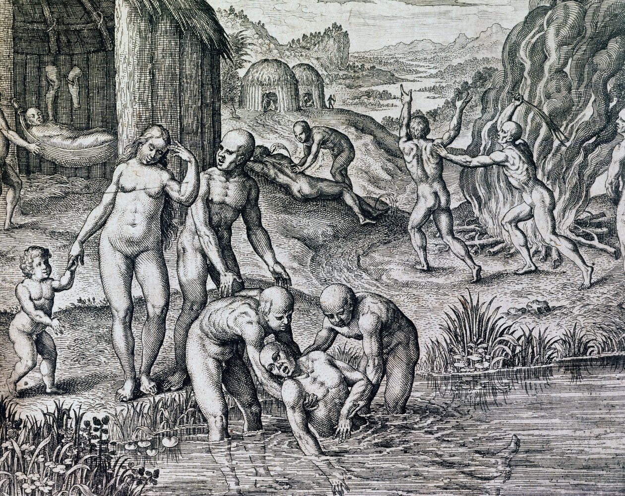 Midler brukt av innfødte mot sykdom, gravering fra Historia America, av Theodor de Bry (1528-1598), Frankfurt av Theodore de Bry