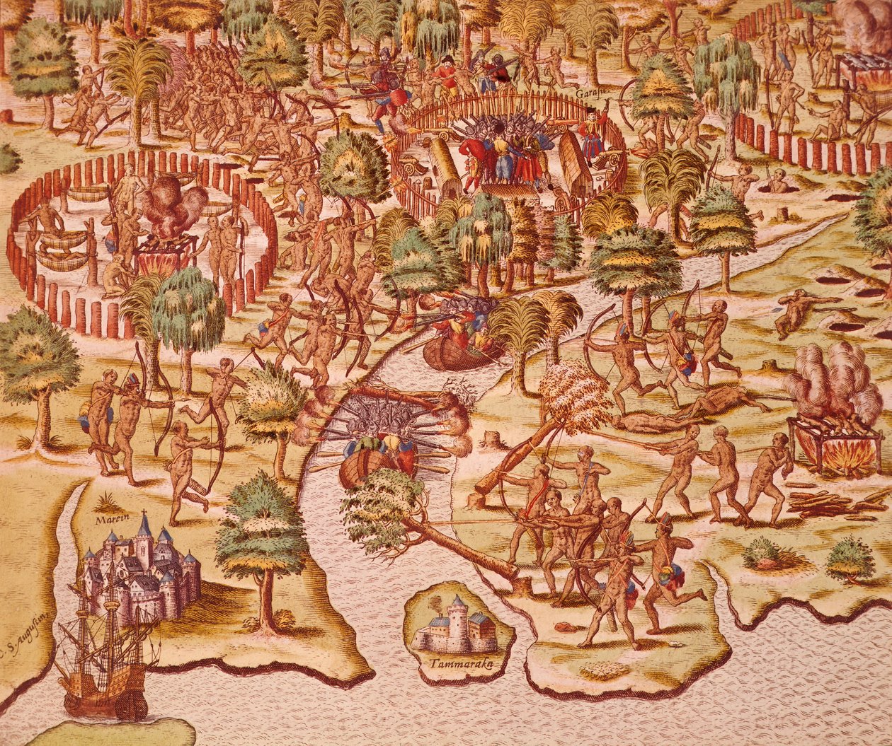 Beleirings- og angrepstaktikk i sammenstøt mellom innfødte og erobrere av Theodore de Bry