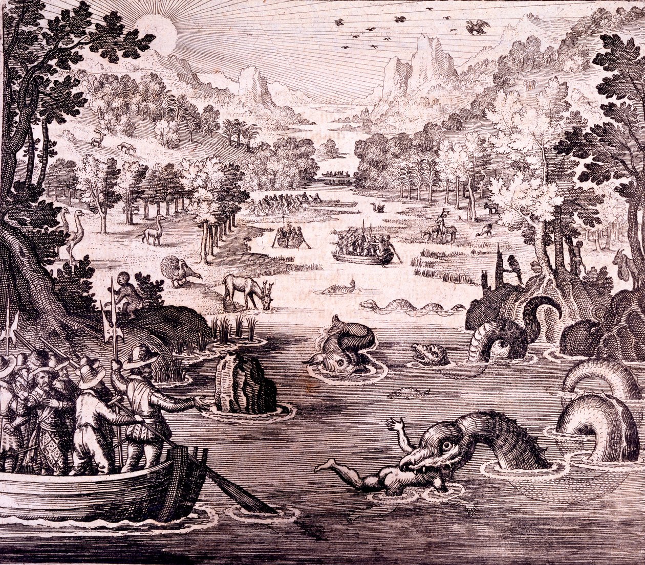 Sir Walter Raleigh: Oppdagelsen av det store, rike og vakre riket Guyana, fra 'Newe Weld un Americanische Historien', av Johann Ludwig Gottfried, 1631 av Theodore de Bry