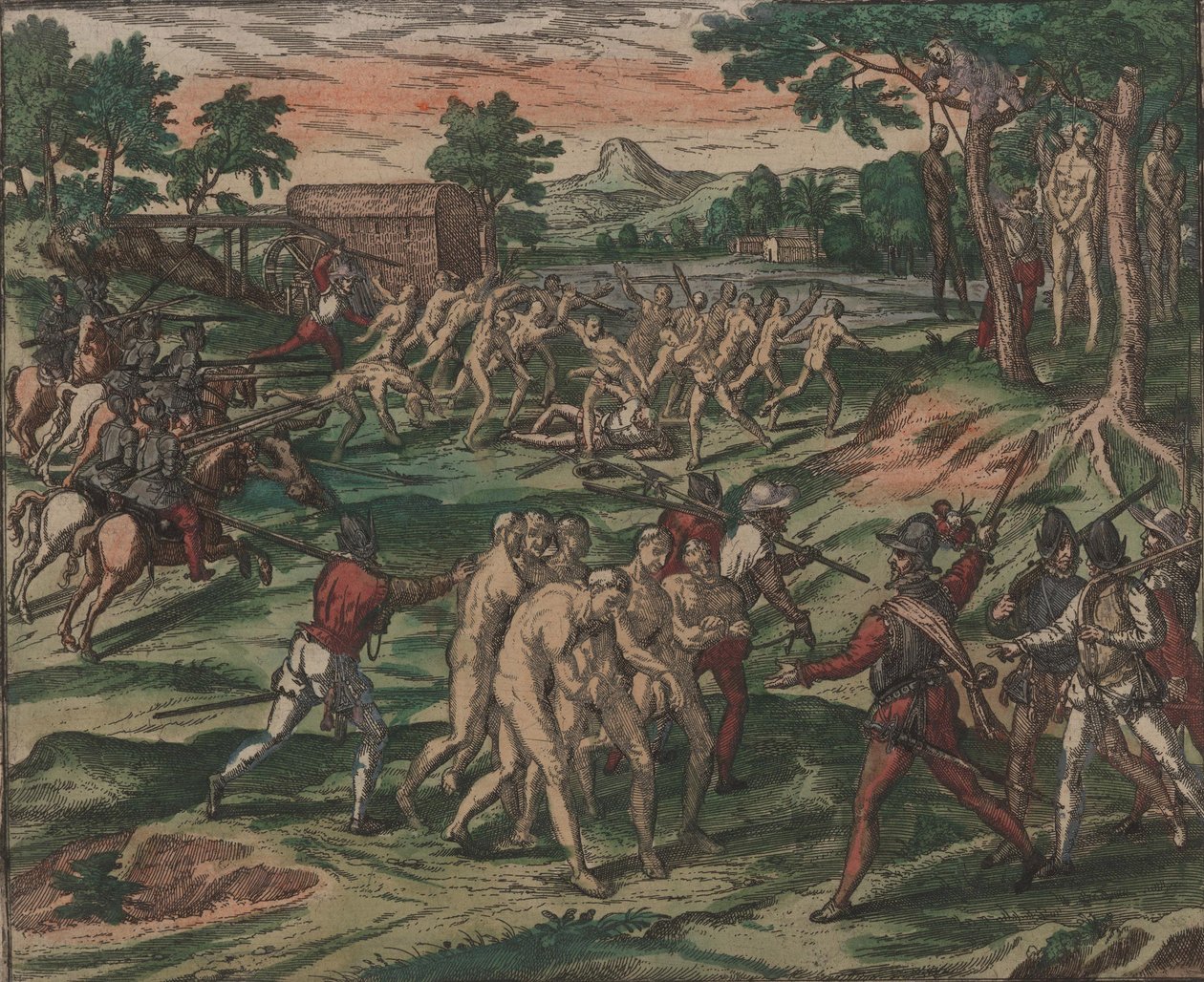 Slaver prøver å overvinne sine spanske eiere, men blir tatt til fange og hengt fra trær, 1595. av Theodore de Bry