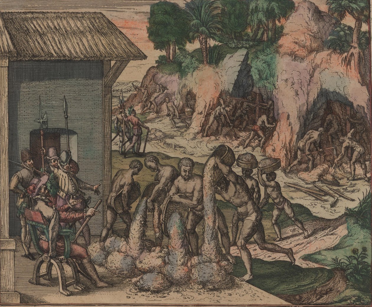 Slaver heller malm foran europeiske soldater. I bakgrunnen jobber slaver i gruvene, 1595. av Theodore de Bry