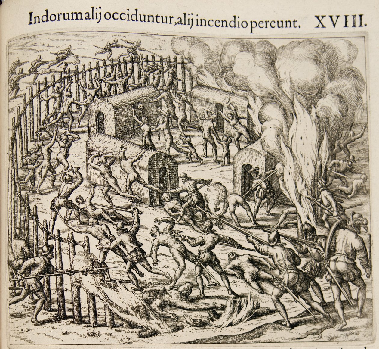 Noen indianere blir drept, noen omkommer i en brann. Fra: Americae pars qvarta av Theodore de Bry