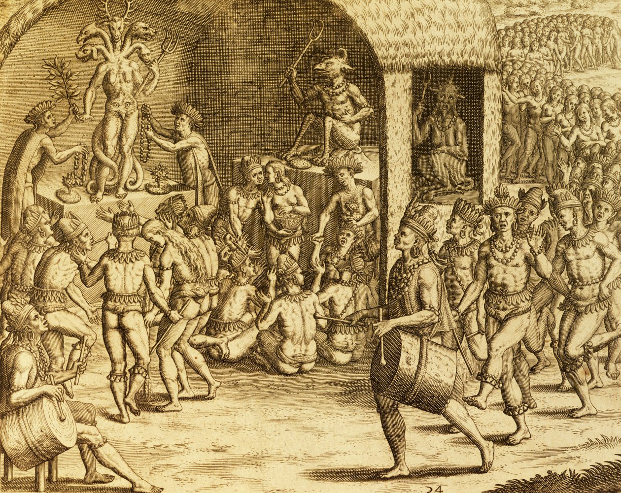 Søramerikansk urfolks religiøs ritual, gravering fra Historia americae, av Theodor de Bry (1528-1598), Frankfurt av Theodore de Bry