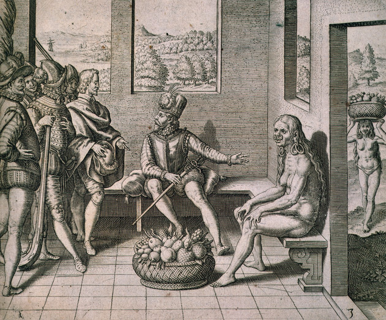 Spanske erobrere som møter innfødte kvinner i Amerika, av Theodore de Bry av Theodore de Bry