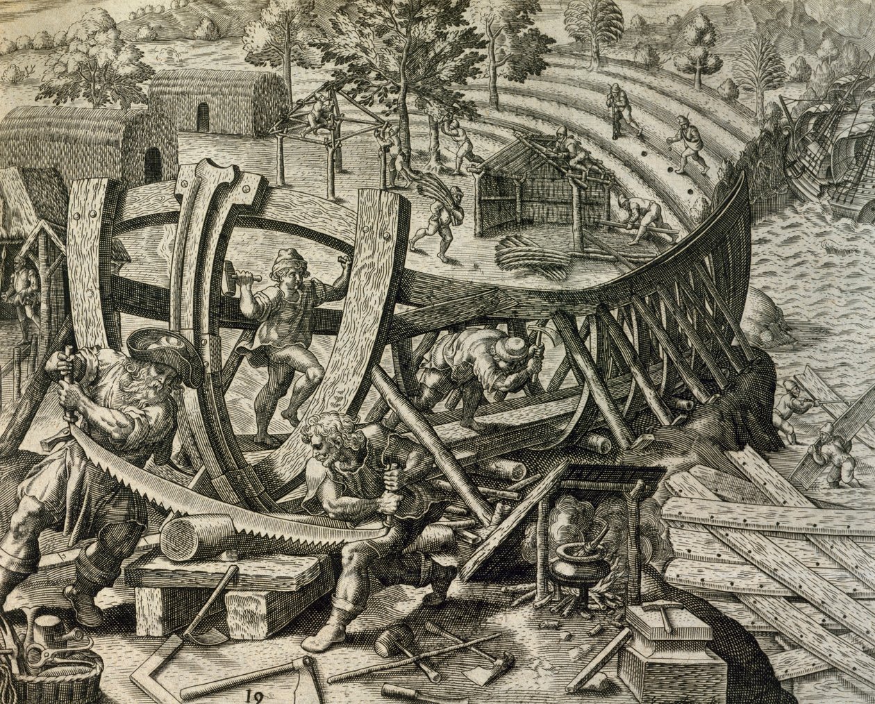 Spanske sjømenn bygger karavel, gravering fra Historia Americae, av Theodor de Bry (1528-1598) av Theodore de Bry