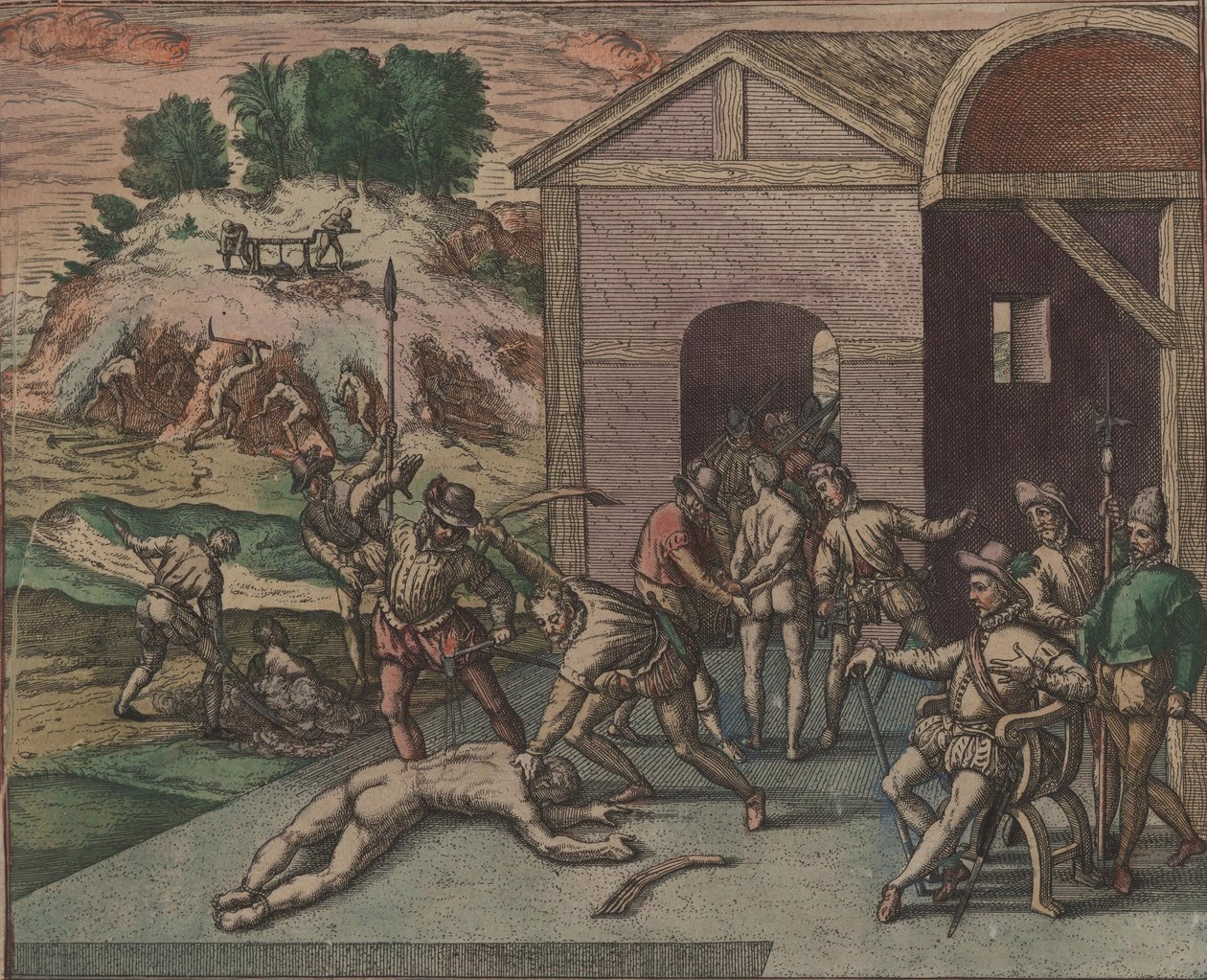 Spanske soldater observerer og utfører straffen til en slave, 1595. av Theodore de Bry