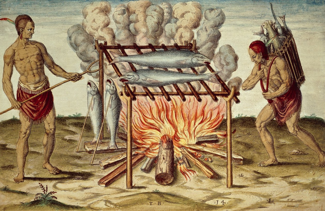 Taino-innfødte tilbereder fisk, fargegravering av Theodor de Bry (1528-1598) fra maleri av John White, fra Kort og sann rapport om det nye funnet landet Virginia av Theodore de Bry