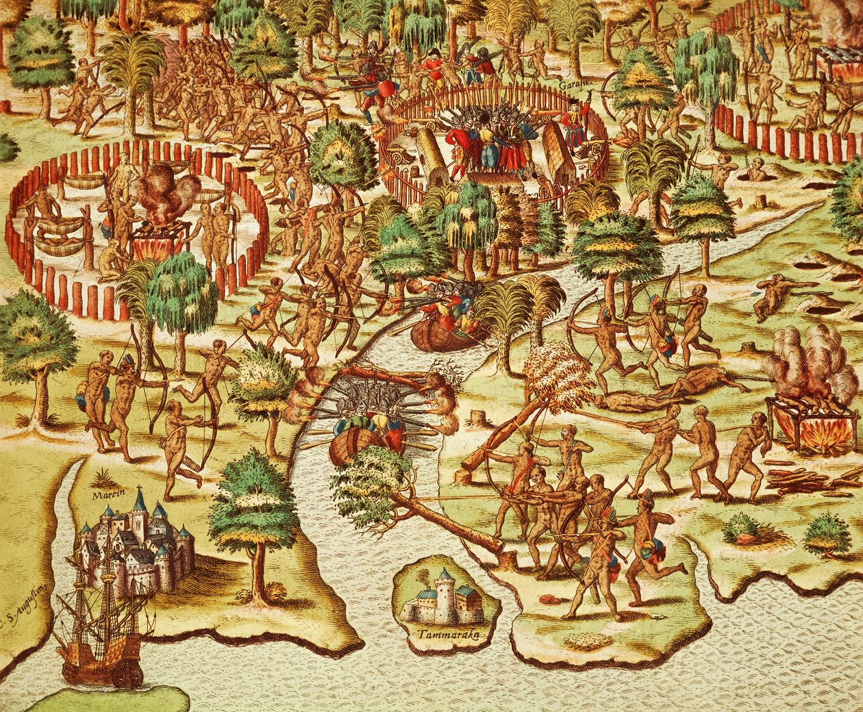 Teknikker for beleiring og angrep, gravering av Theodor de Bry (1528-1598), fra Americae tertia pars av Theodore de Bry