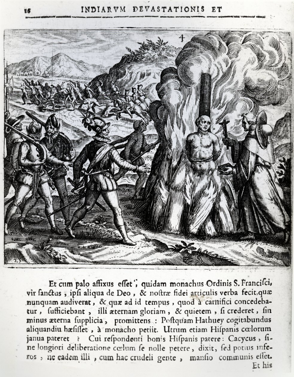 Brenningen av Hatuey av spanjolene i Yara, Cuba, 2. februar 1512, 1664 av Theodore de Bry