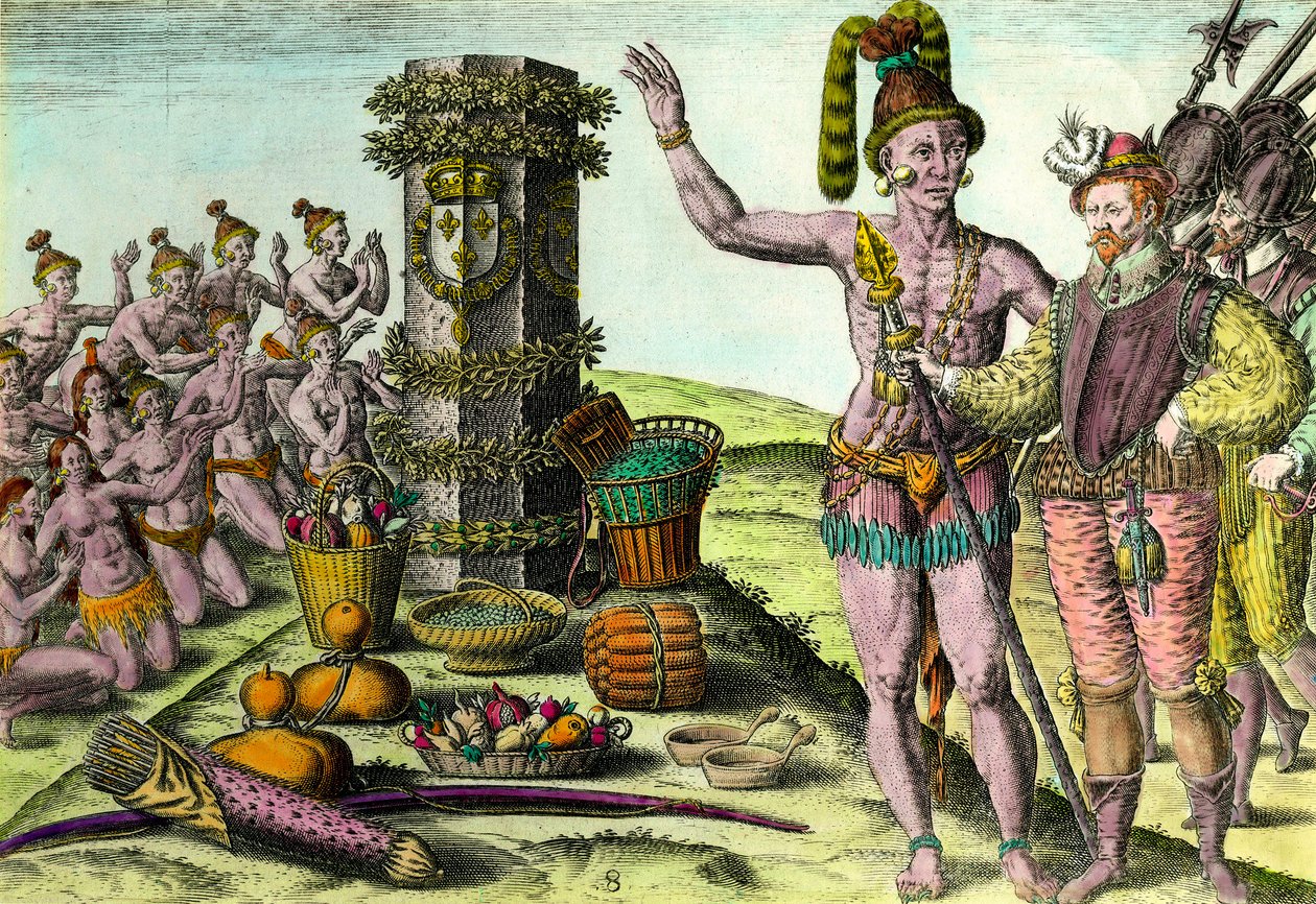 Floridianerne kom kolonnen erigee av den franske navigatøren Jean Ribault (1520-1565) fra den første ekspedisjonen til Florida gravering fra "History of America" av Theodore De Bry (1528-1598) 1500-talls privatsamling av Theodore de Bry