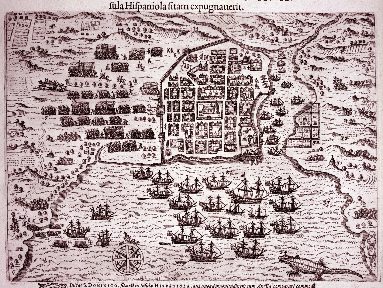 Francis Drake-flåten okkuperer øya Santo Domingo (gravering av Theodore de Bry