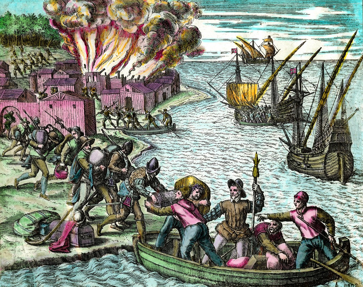Franskmennene plyndrer og brenner byen Chioreran Gravering fra "History of America"" av Theodore de Bry (1528-1598) Privatsamling fra 1500-tallet av Theodore de Bry