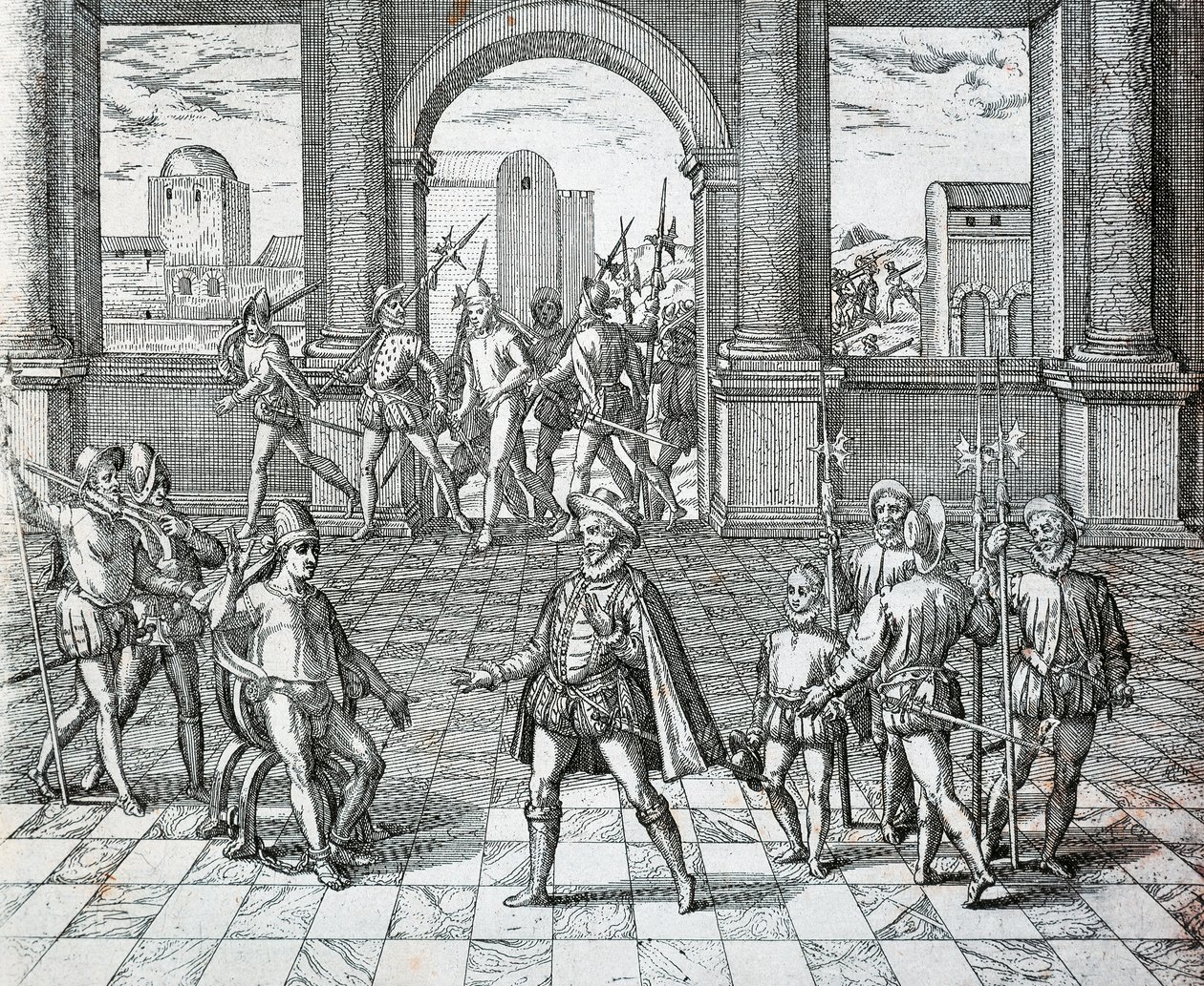 Inkakongen Atahualpa blir tatt til fange av spanjoler i Cajamarca, illustrasjon fra amerikansk historie av Theodore de Bry av Theodore de Bry