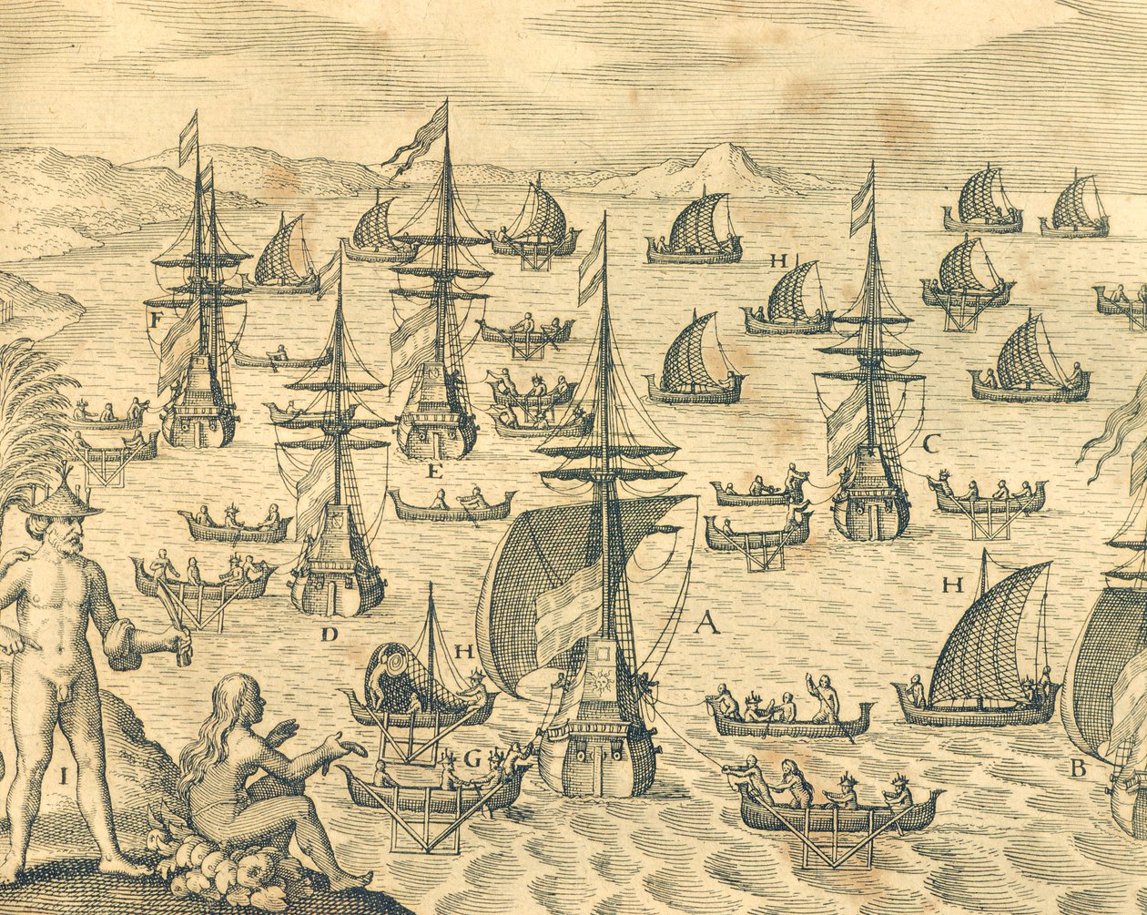 The Island of Thieves, gravering fra amerikansk historie av Theodore de Bry, Nord-Amerika 1600-tallet. av Theodore de Bry
