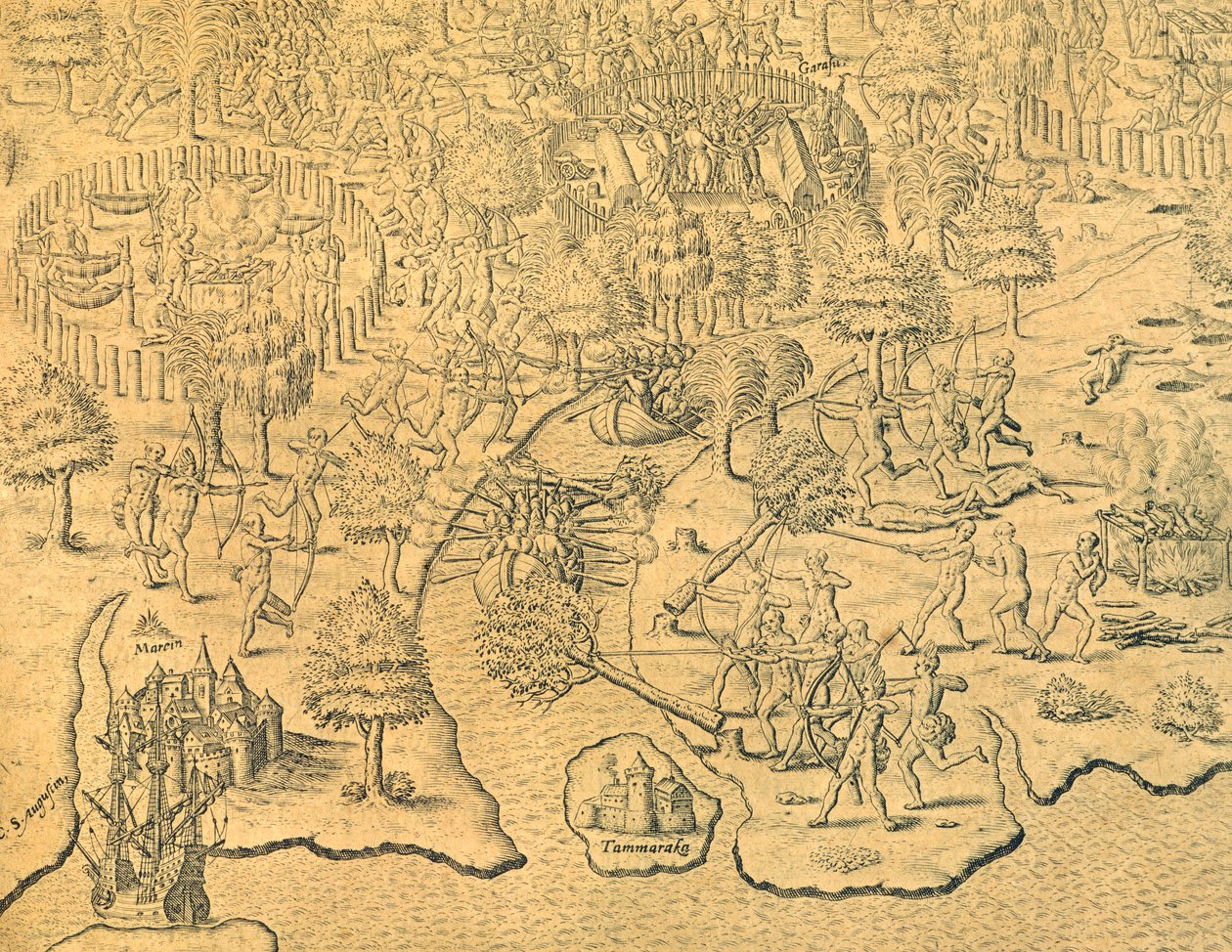 Portugiserne presser mot innlandet og blir angrepet av en lokal stamme av Theodore de Bry