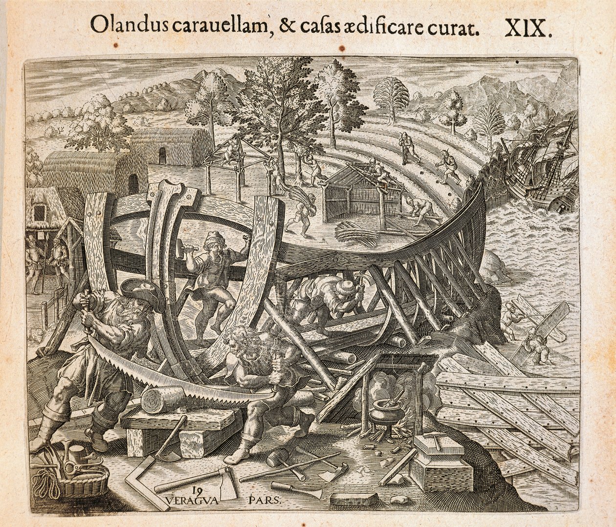 Spanjolene bygger sitt første skip i den nye verden, gravering av Theodor de Bry (1528-1598) fra Americae pars quarta, sive, Insignis et admiranda historia de reperta primum Occidentali India Christopher Columbus, av Girolamo Benzoni av Theodore de Bry