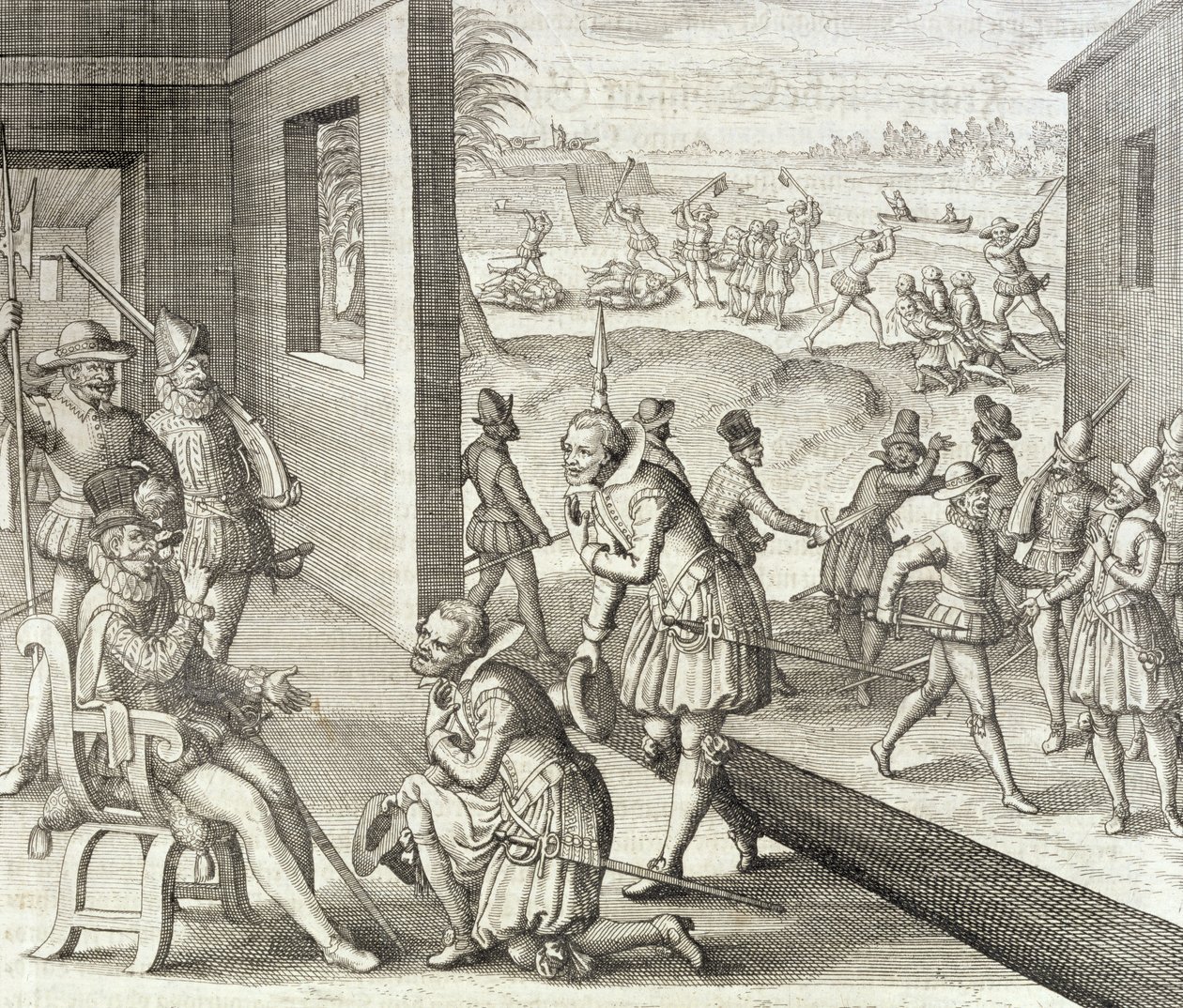 The Spanish Capture Fort Caroline, 1565, fra 'Newe Welt und Americanische Historien' av Johann Ludwig Gottfried, utgitt av Mattaeus Merian, Frankfurt, 1631 av Theodore de Bry
