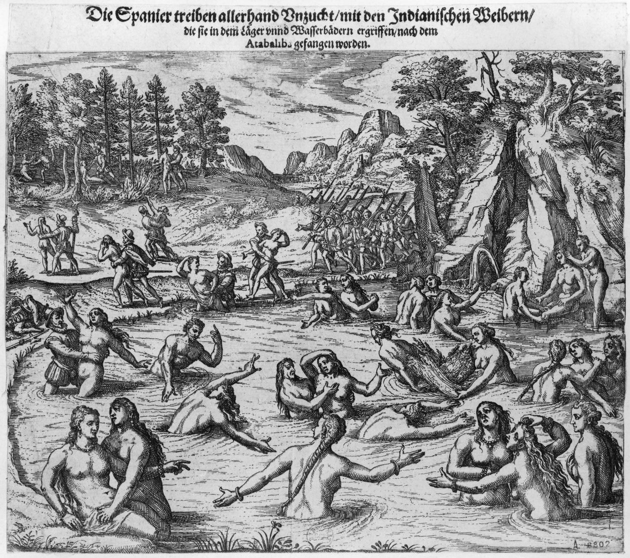 Spanjolene misbrukte de indiske kvinnene etter fangsten av kong Atahualpa (ca. 1502-33) i 1532 av Theodore de Bry
