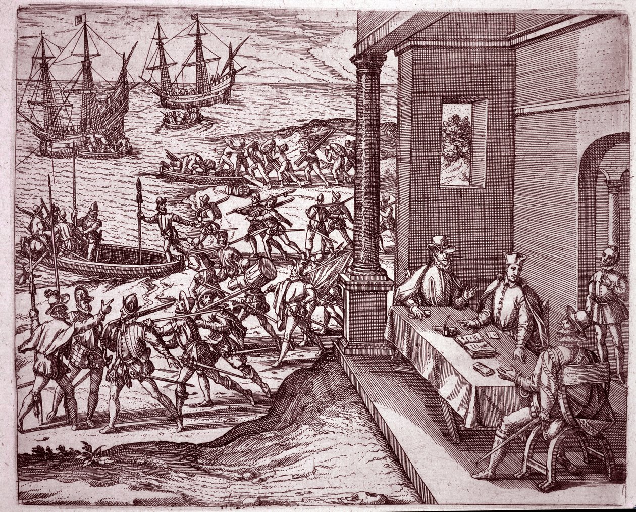 De spanske erobrerne Francisco Pizarro, Diego de Almagro og Hernando de Luque slo seg sammen for å erobre Peru (gravering av Theodore de Bry