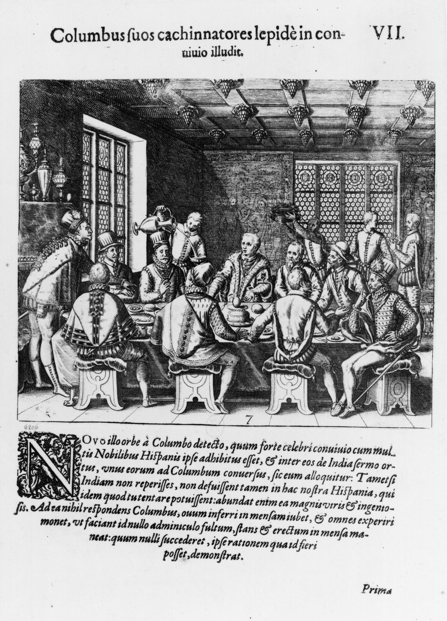 Historien om egget til Christopher Columbus (1450-1506) 1585-88 (gravering) (bw-foto) av Theodore de Bry