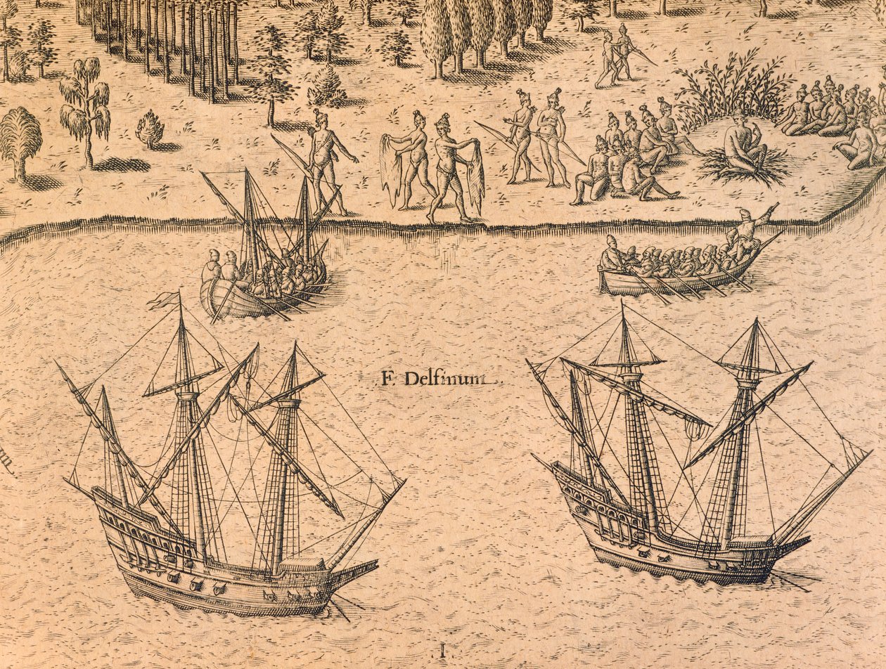 Ankomsten av franske skip til Florida av Theodore de Bry
