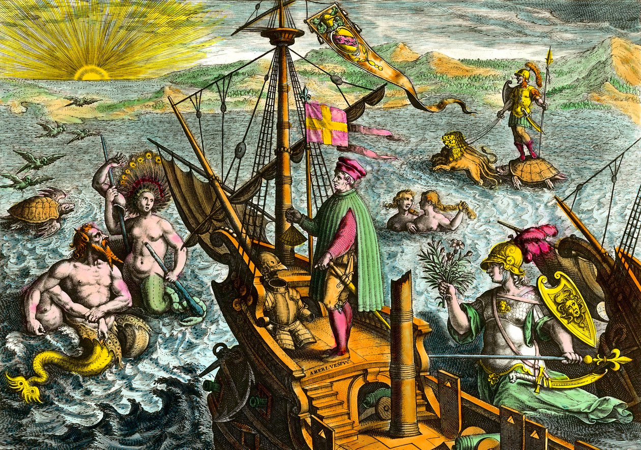 Båten til den italienske navigatøren Amerigo Vespucci (1454 - 1512) av Theodore de Bry