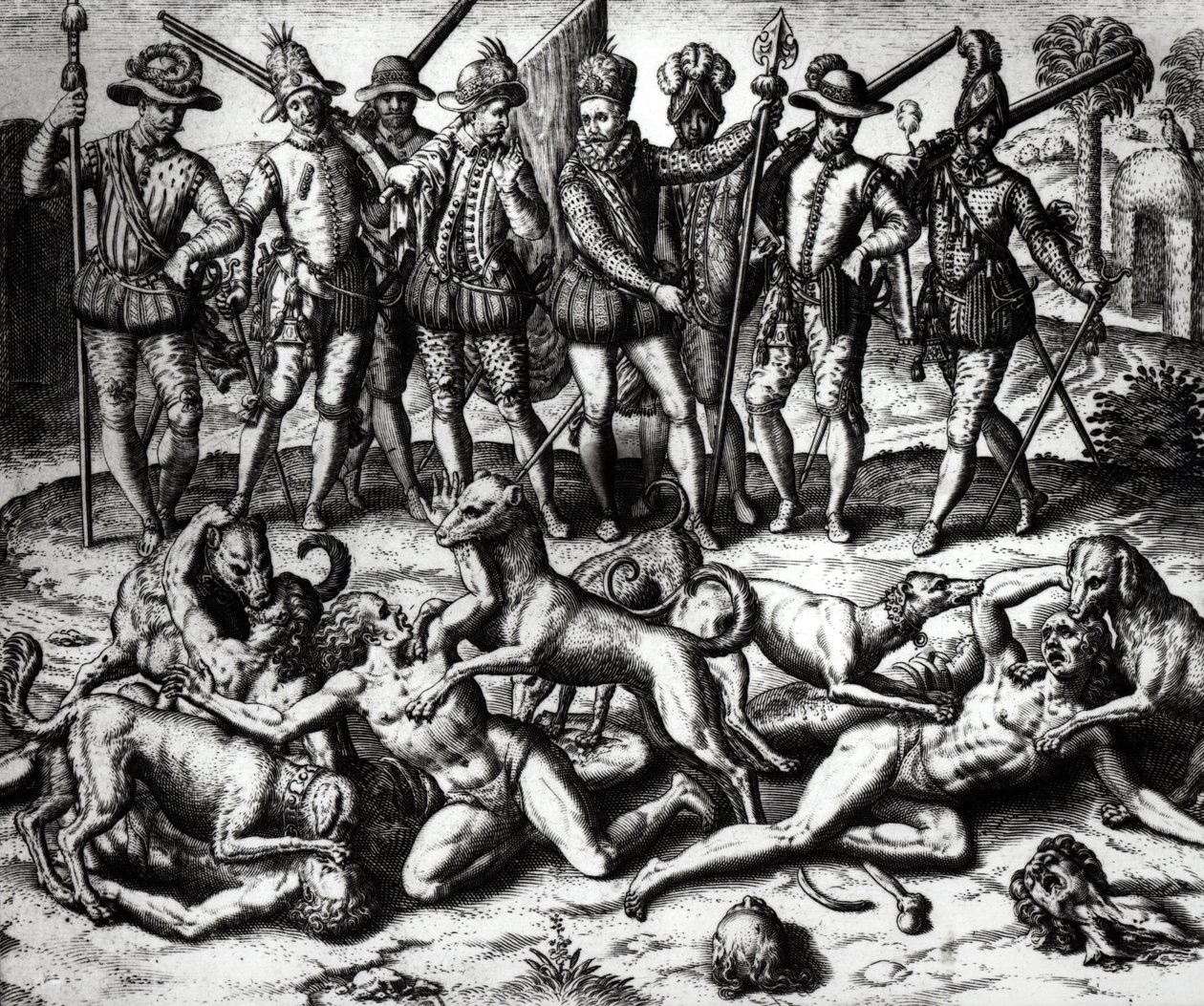 Hundene til Vasco Nunez de Balboa (1475-1571) angriper indianerne av Theodore de Bry