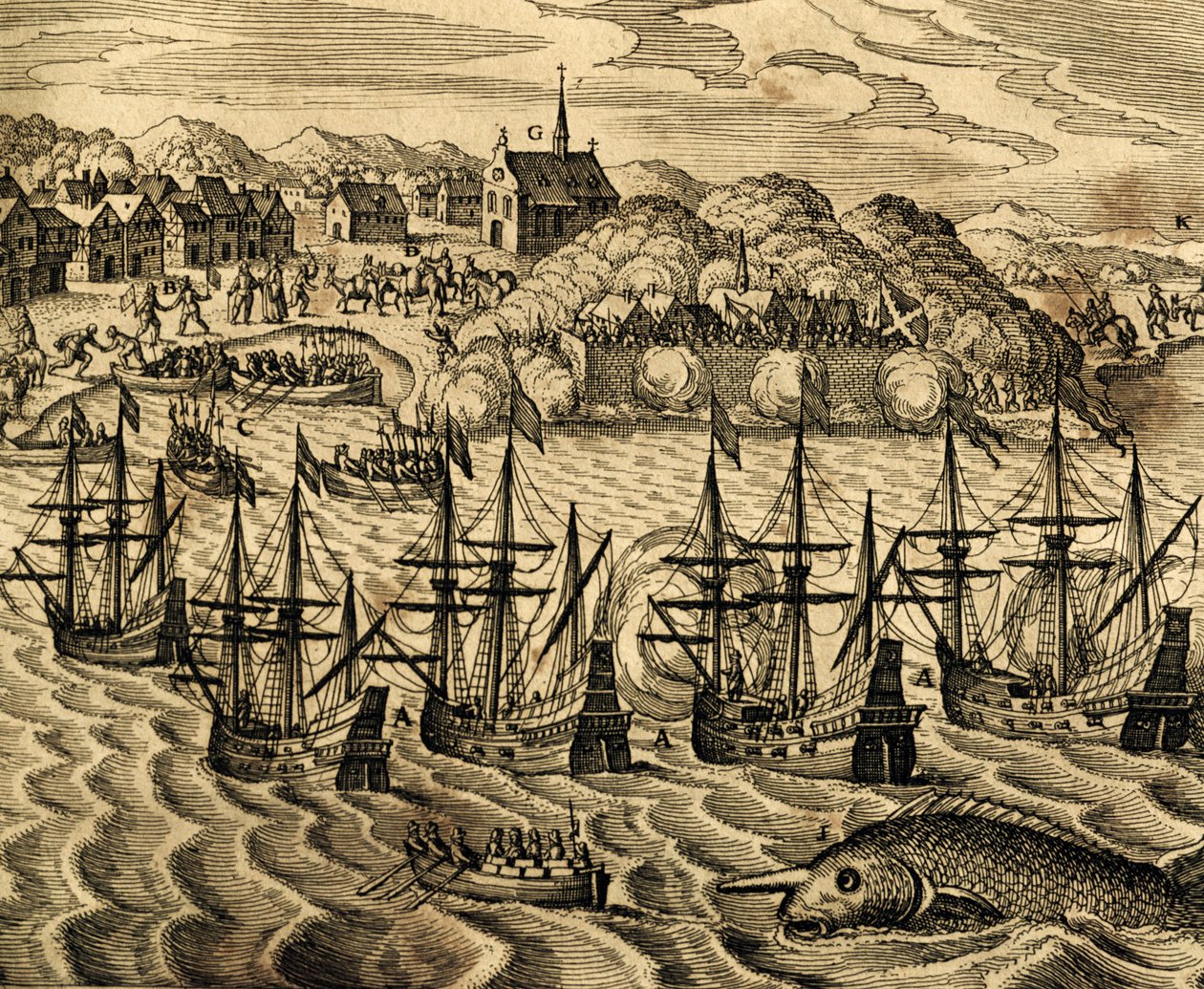 Utsikt over havnen i Acapulco i Mexico, gravering fra Historia Americae, av Theodor de Bry (1528-1598), Frankfurt av Theodore de Bry