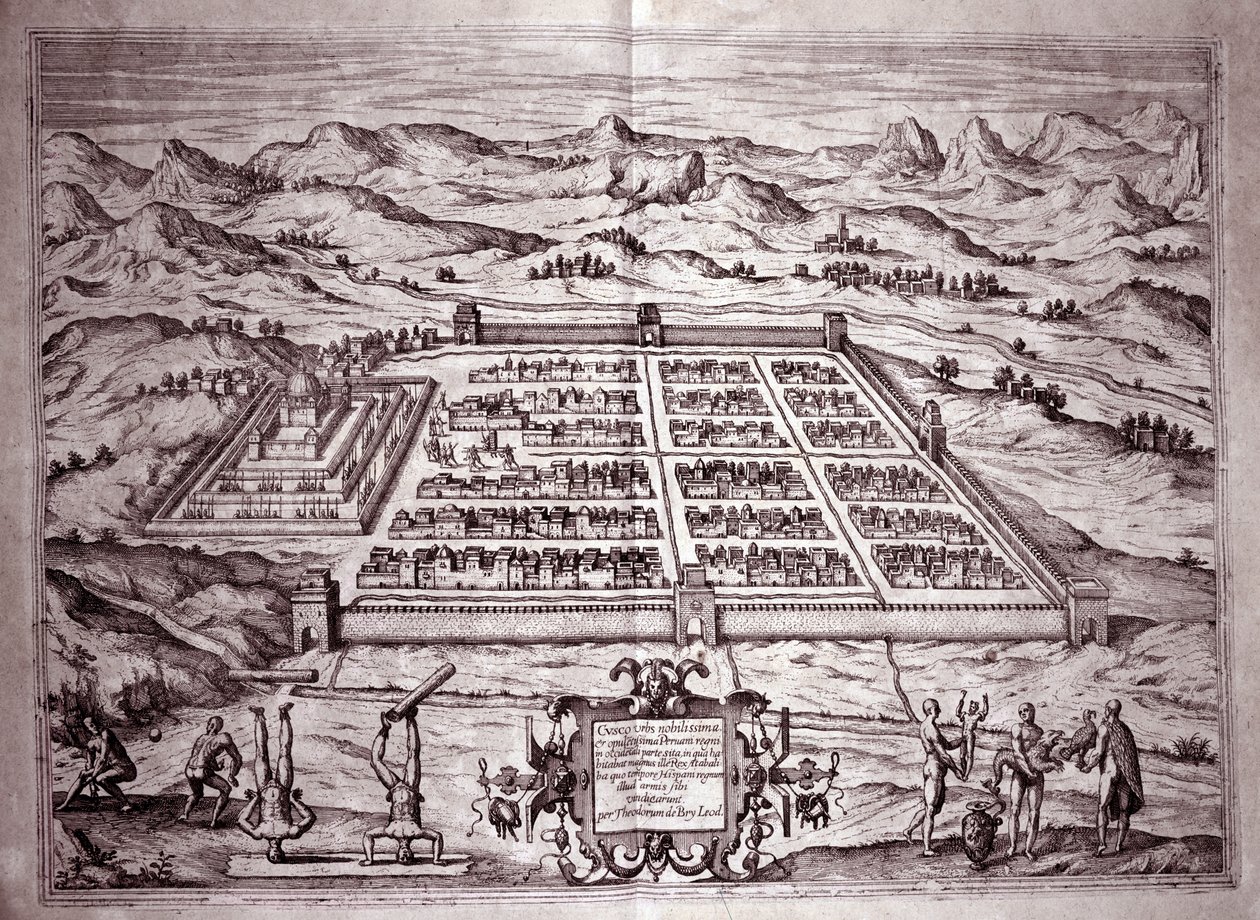 Utsikt over inkabyen Cuzco, Peru (gravering av Theodore de Bry