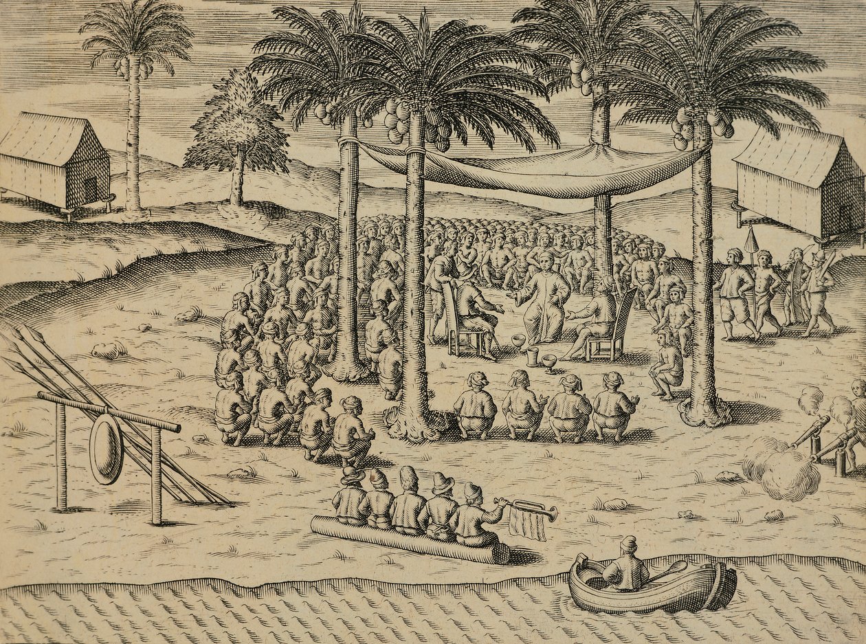 Velkommen fra urfolk i Afrika, Illustrasjon fra Indiae Orientalis av Antonio Pigafetta, av Theodore de Bry av Theodore de Bry