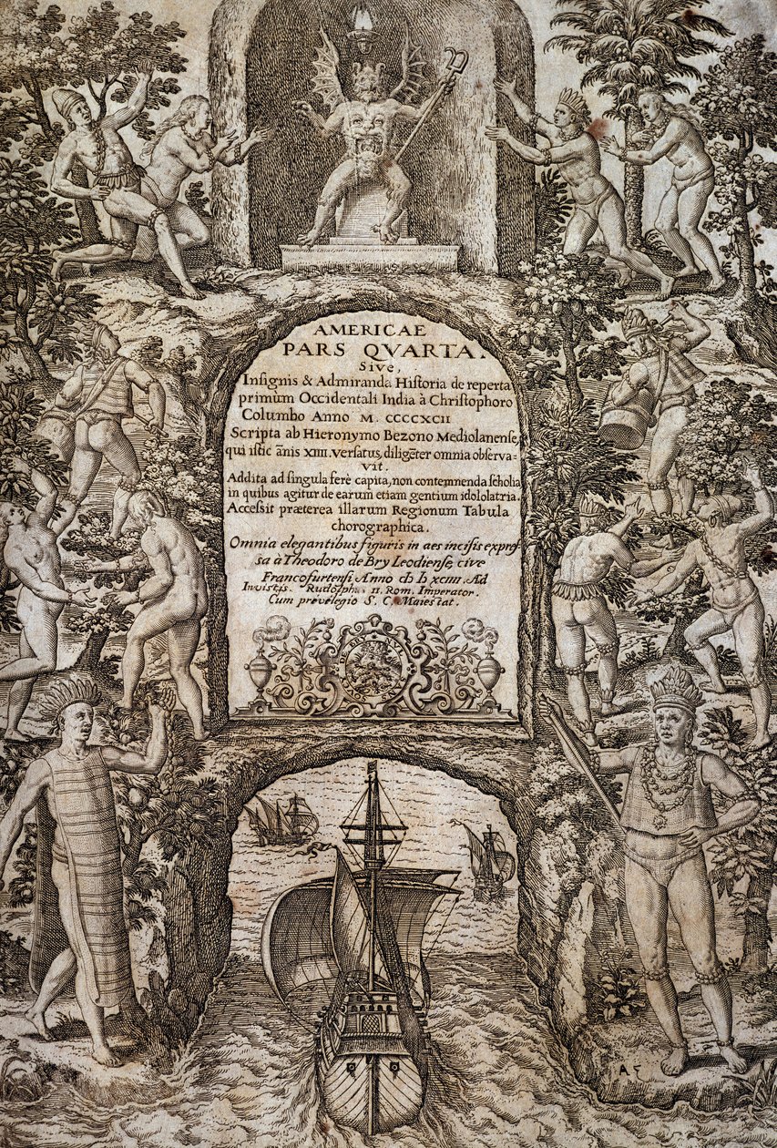 Vestindia eller Amerika, av Theodor de Bry (1528-1598), frontispice, gravering av Theodore de Bry