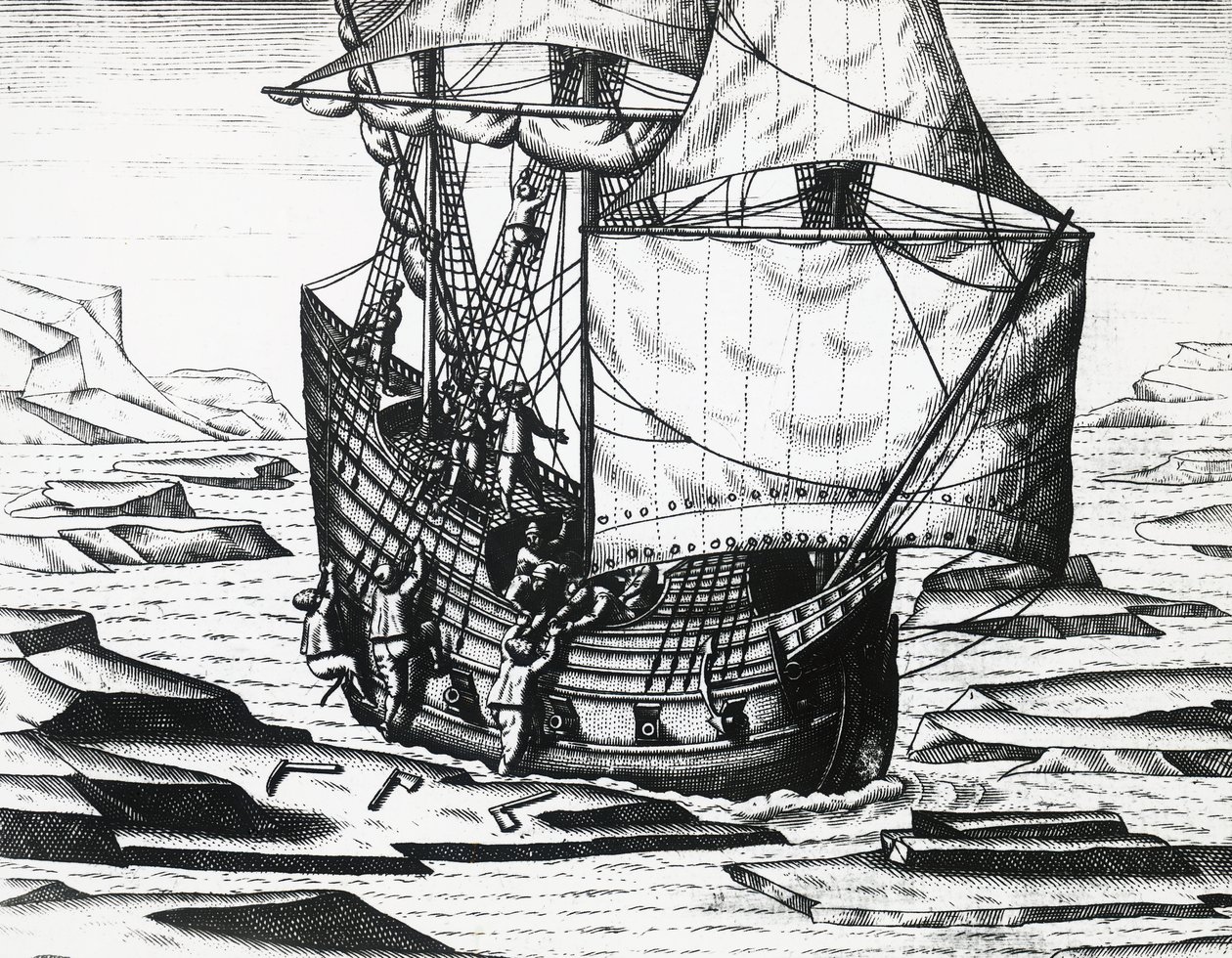 William Barents (ca 1550-1597) skip under den tredje nederlandske ekspedisjonen på jakt etter Nordøstpassasjen, av Theodor de Bry (1528-1598), gravering av Theodore de Bry