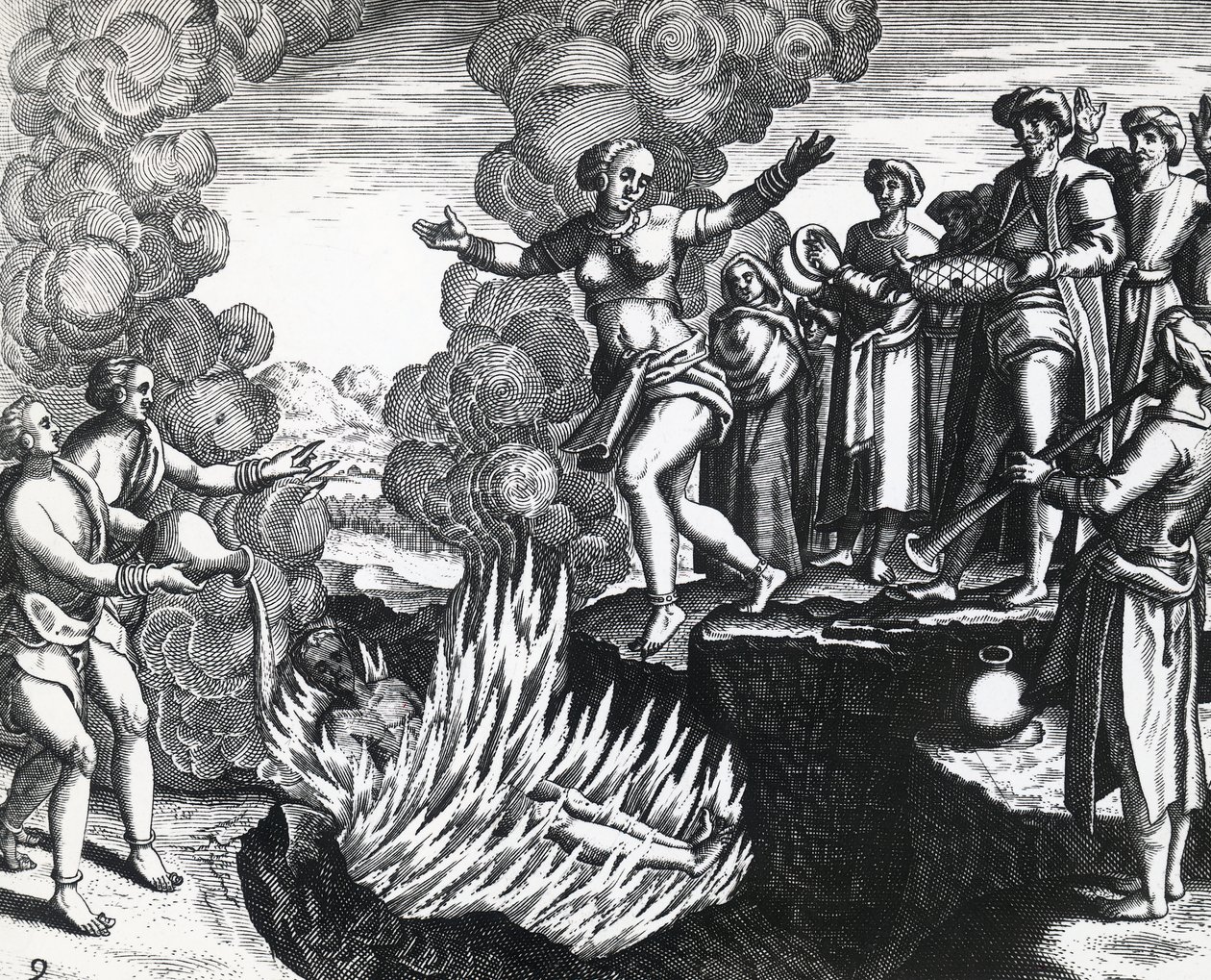 Kvinne som kaster seg på mannens bål, av Theodor de Bry (1528-1598), gravering av Theodore de Bry