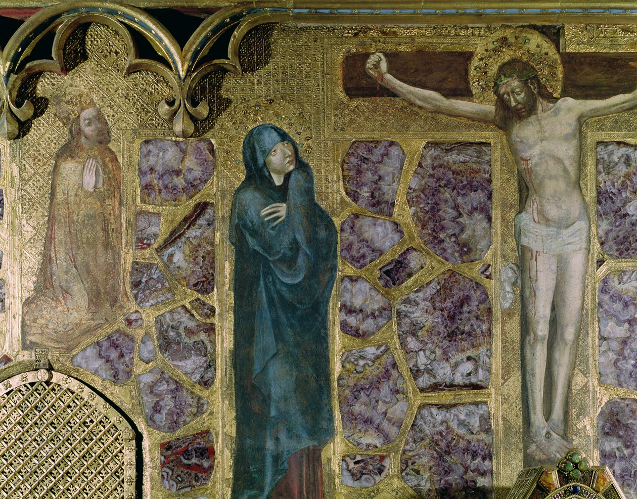 Charles IV (1316-78) ved Bønn, Jomfruen og Kristus av korset, fra St. Wenceslas-kapellet (tempera og gull på panel) av Theodoricus of Prague