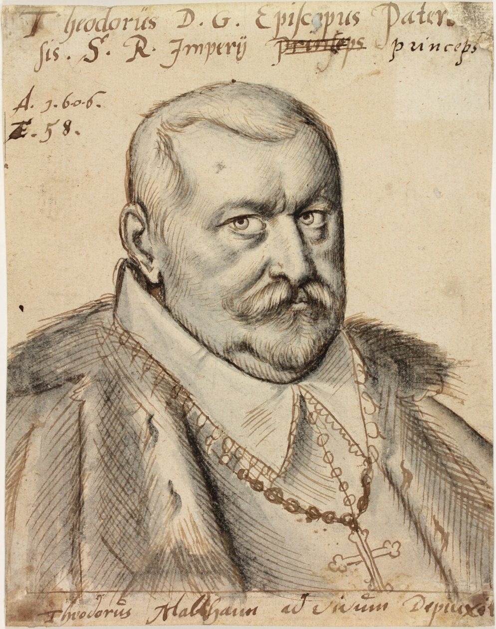 Theodore de Fürstenberg, biskop av Paderborn, 1606 (penn og blekk og vask på papir) av Theodorus Malthann