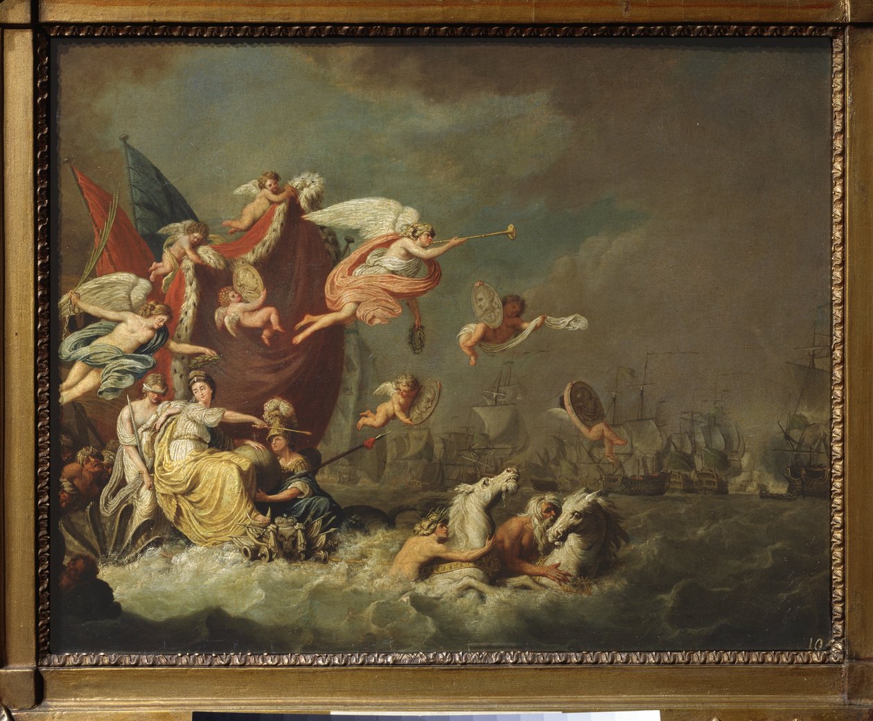 Allegori om Chesme-seieren (eller Tchesme eller Chesma, Tyrkia). (sjøslag fra 5. til 7. juli 1770, episode av den russisk-tyrkiske krigen av Theodorus de Roode