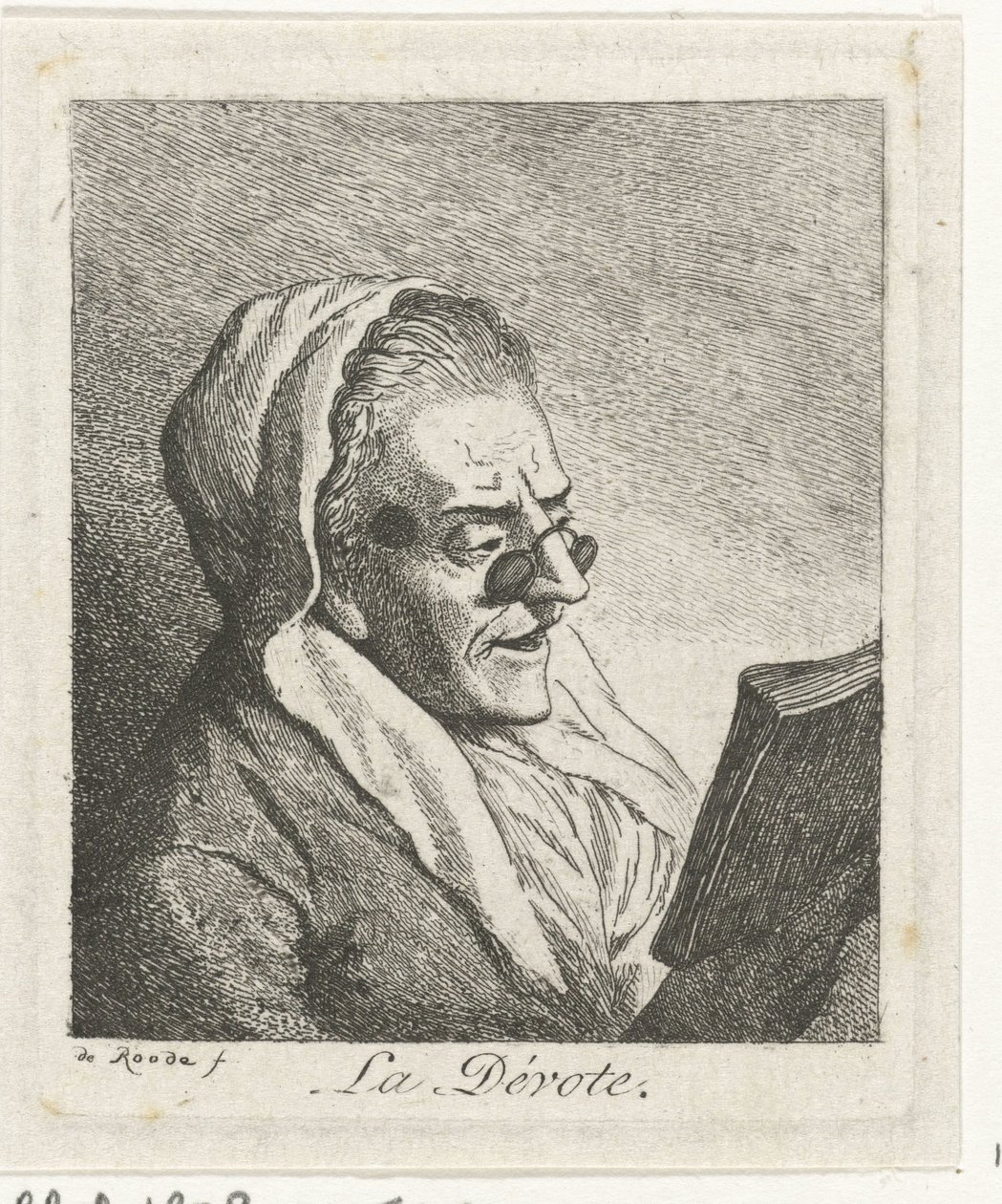Leser gammel kvinne med pince-nez La Dévote (tittel på objekt) av Theodorus de Roode