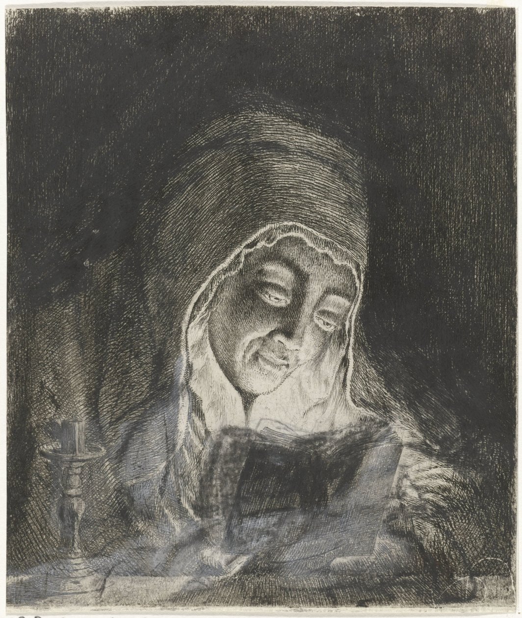 Kvinne leser ved levende lys av Theodorus de Roode