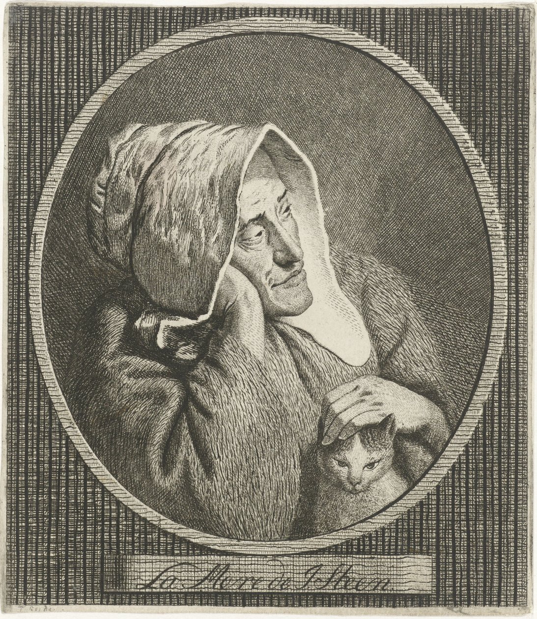 Gammel kvinne med katt La Mere de J. Steen (tittel på objekt) av Theodorus de Roode