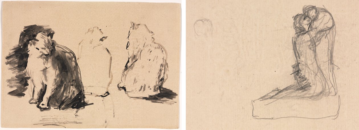 Katter (recto); Skisse av to figurer som omfavner (verso) av Theodule Ribot
