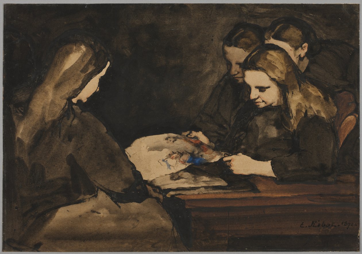 Fire jenter studerer en tegning av Theodule Ribot