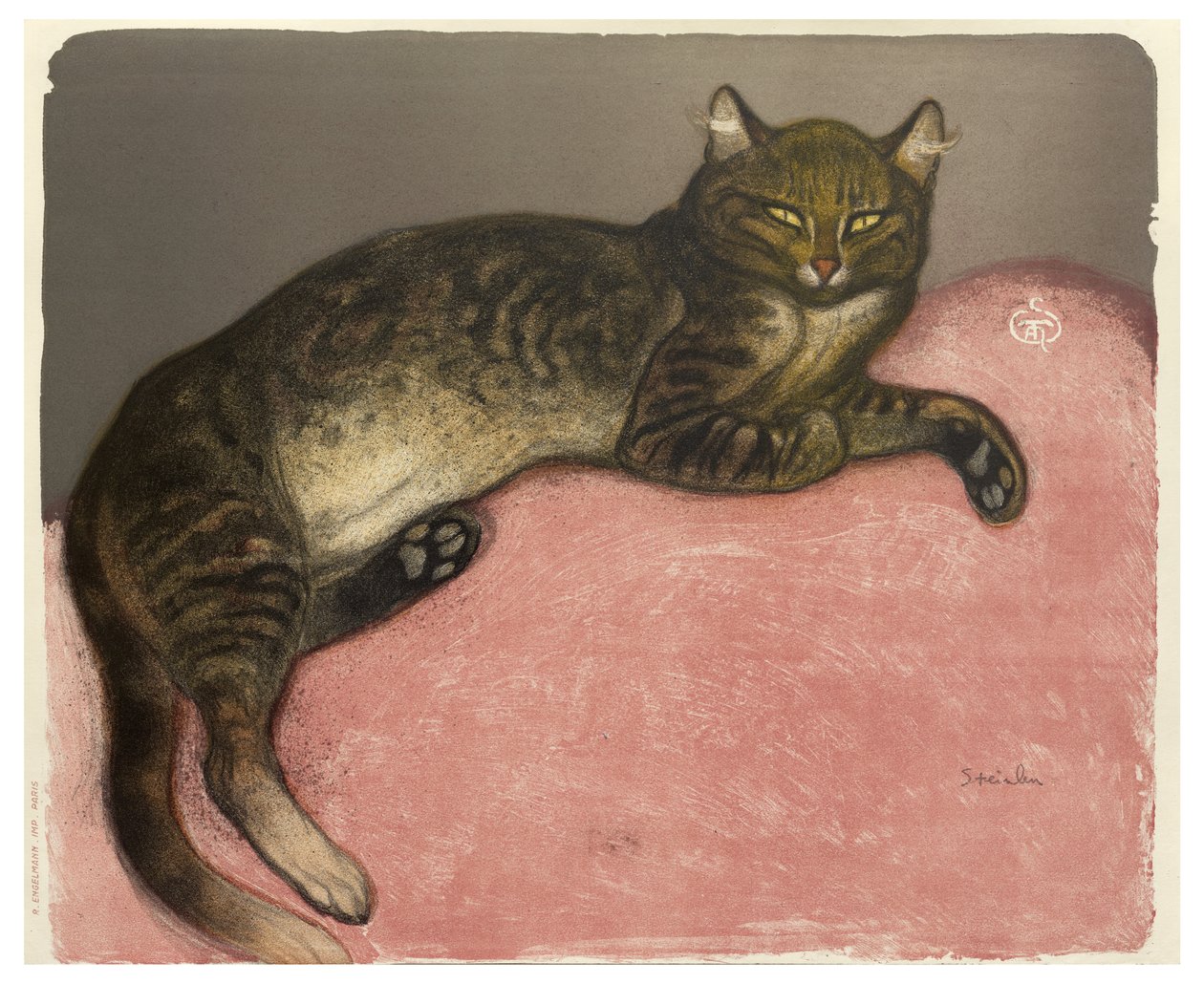 Winter, Cat on a Cushion, 1909 (fargelitho på kremvevd papir) av Théophile Alexandre Steinlen