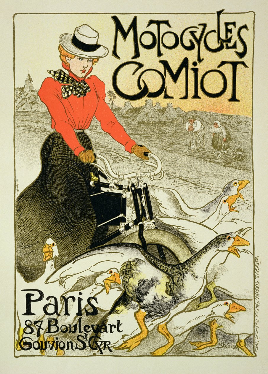 Reproduksjon av en plakat som annonserer Comiot-motorsykler, 1899 av Théophile Alexandre Steinlen