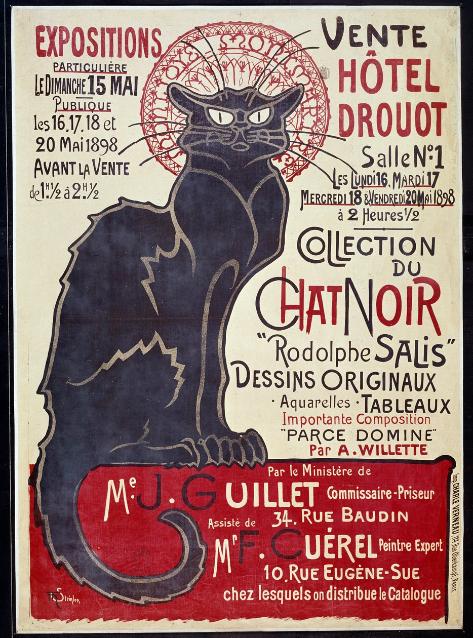 Reklameplakat som kunngjorde salget på Hotel Drouot i 1898 av Cat Noir-samlingen og verk av Rodolphe Salis, Illustrasjon av Theophile Alexandre Steinlen (1859-1923) av Théophile Alexandre Steinlen