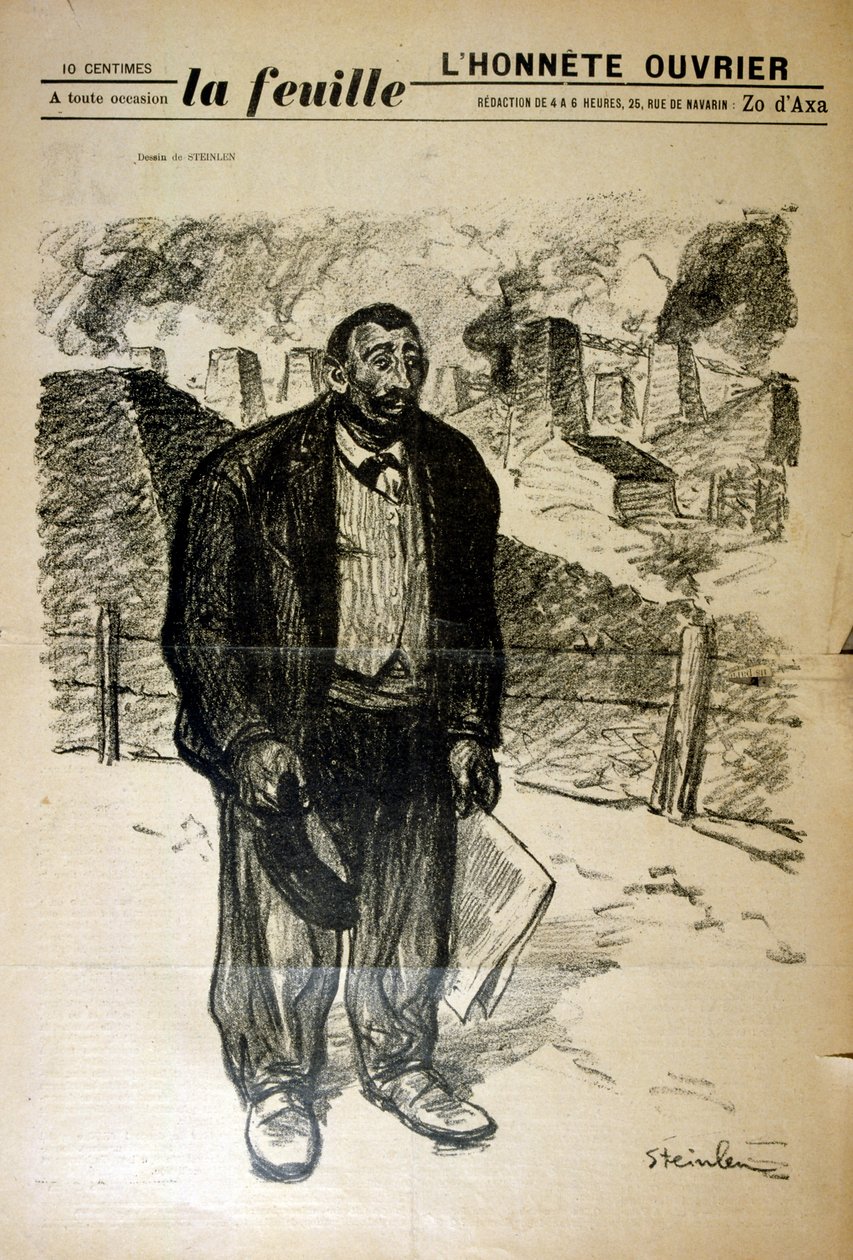 Tegning av en fattig fabrikkarbeider mot et industrilandskap, av Alexandre Steinlen (1859-1923), en sveitsiskfødt fransk art nouveau-maler og grafiker av Théophile Alexandre Steinlen