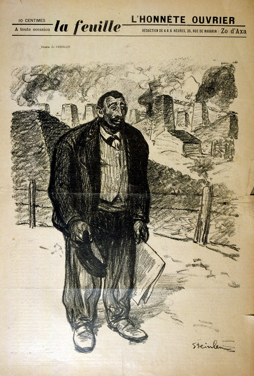 Tegning av en fattig fabrikkarbeider mot et industrilandskap, av Alexandre Steinlen (1859-1923), en sveitsiskfødt fransk art nouveau-maler og grafiker av Théophile Alexandre Steinlen