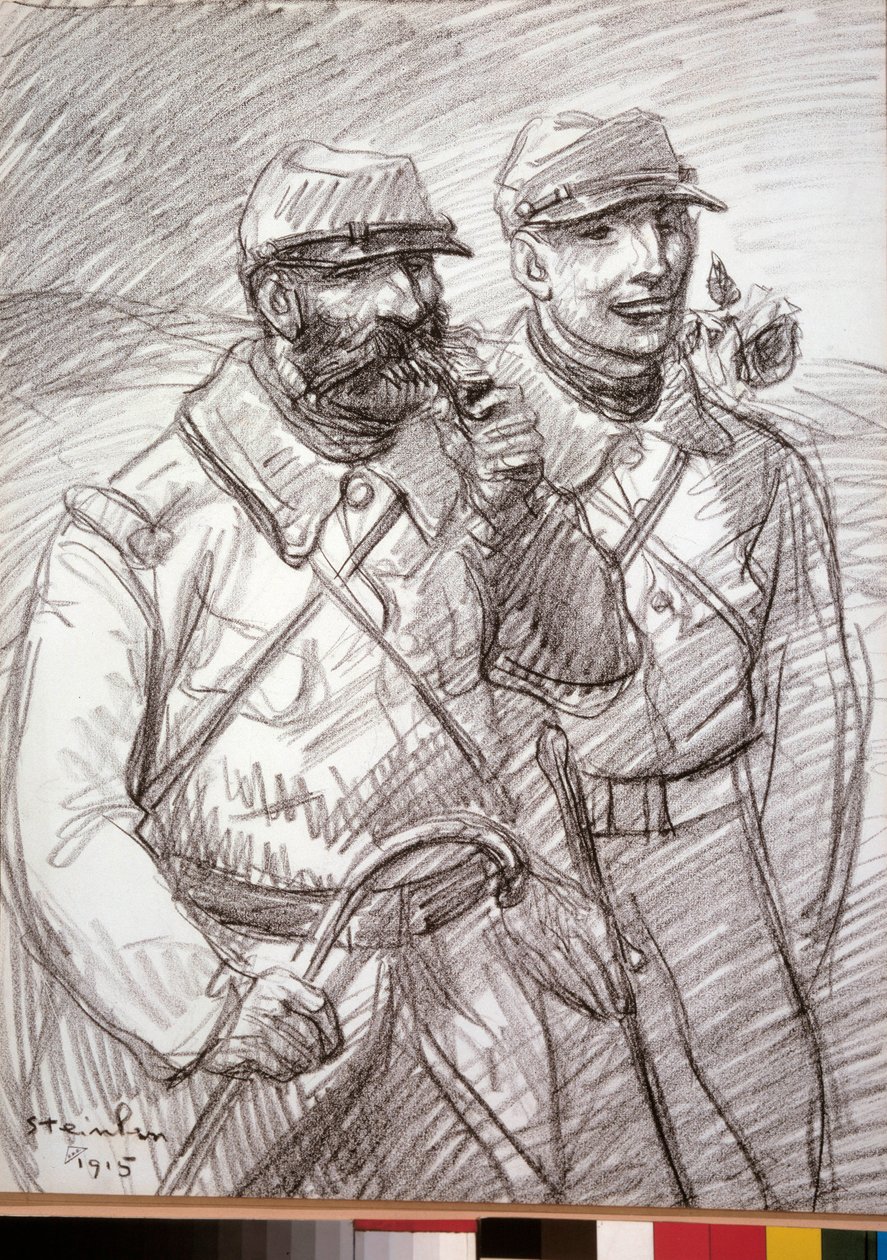 Første verdenskrig: «De hårete i 1915», franske soldater. Tegning av Theophile Alexandre Steinlen (1859-1923) av Théophile Alexandre Steinlen
