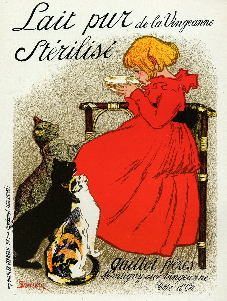 Mat og Drikke. Vingeanne melk. Liten jente med katter. Plakat av Steinlen, Frankrike, ca. 1890 (plakat) av Théophile Alexandre Steinlen