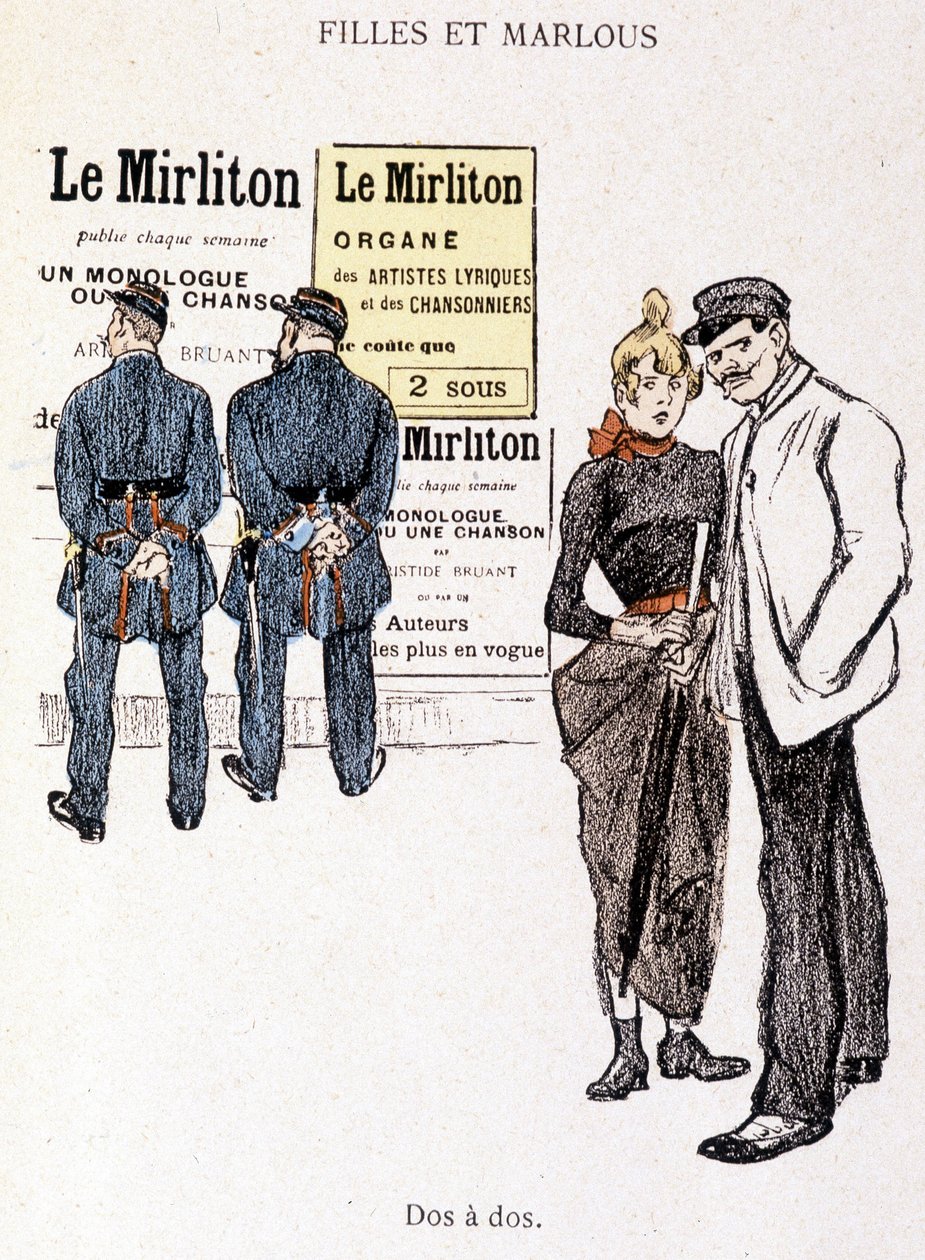 Jente og Marlou: en hallik og en prostituert bak to politifolk. I "" In Life"" av Steinlen av Théophile Alexandre Steinlen